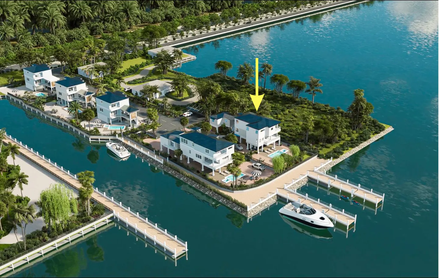 Aerial view of a waterfront community with white houses, private docks, and boats, with a yellow arrow pointing to a home.