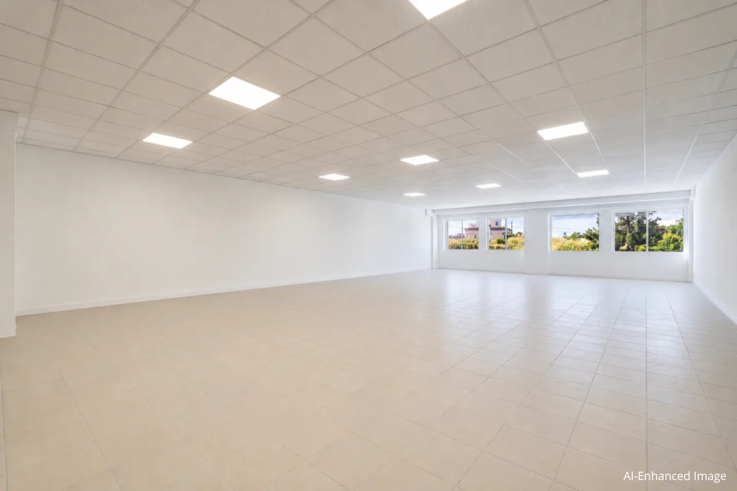 Bright, empty room with white walls, tile floor, and a drop ceiling with square lights. Windows show trees and buildings outside.