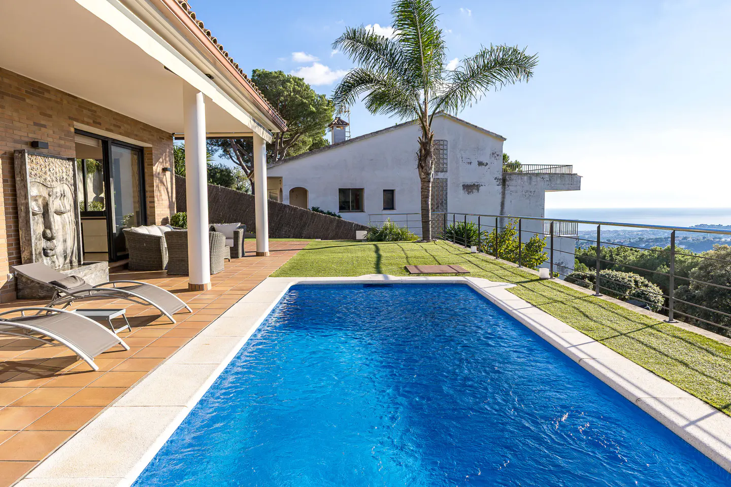 A backyard with a blue pool, lounge chairs, a patio, and a white house with a palm tree.