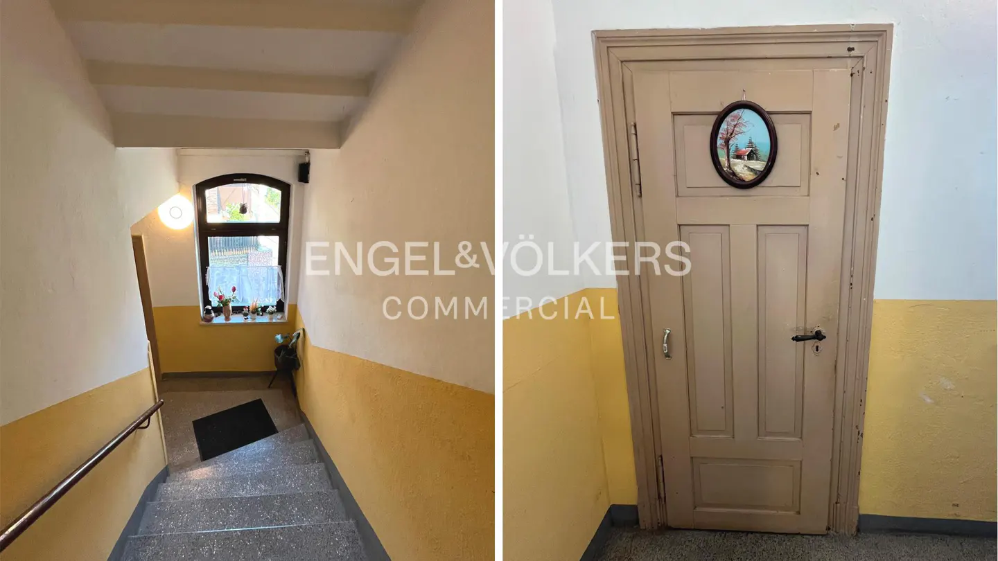 Two-panel image: left shows stairs with a window; right shows a door with a picture. Walls are yellow and white.
