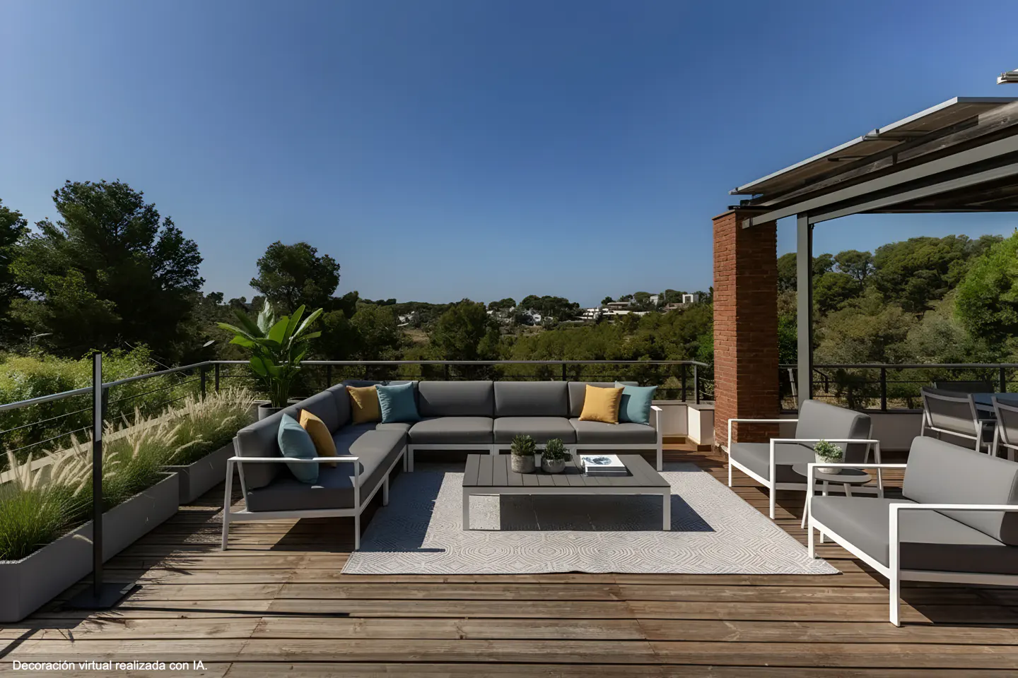 Outdoor patio with gray sectional sofa, armchairs, and coffee table on a wooden deck overlooking trees and a blue sky.