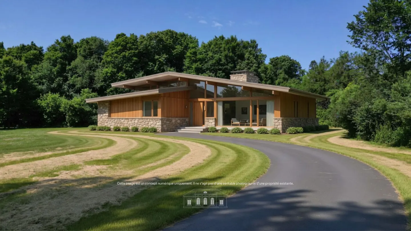 Modern mid-century home with stone and wood siding, large windows, and a curved driveway set against a lush forest.