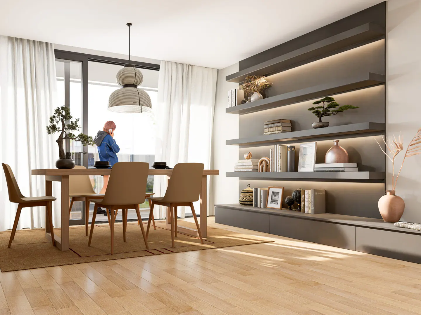 A dining room with a wooden table, chairs, and a gray shelving unit with books and decor. A person is visible through the window.