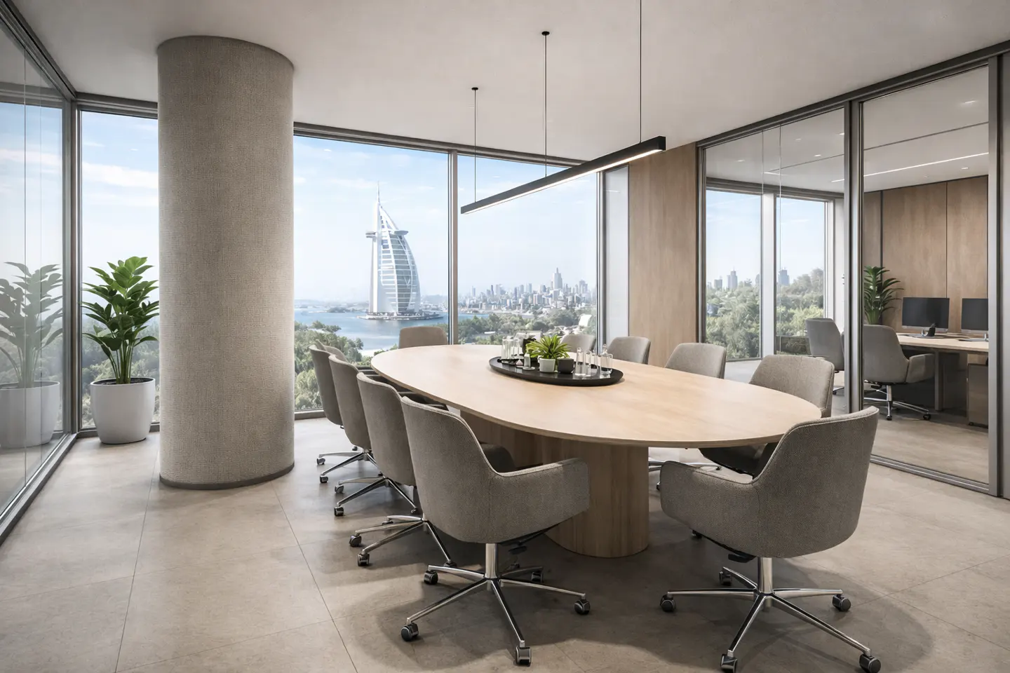 Modern conference room with oval wooden table, grey chairs, and floor-to-ceiling windows overlooking the Burj Al Arab.