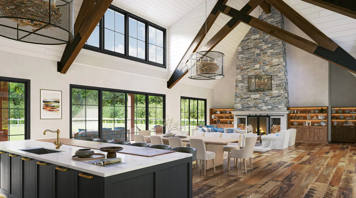 A bright, open-concept living space with a kitchen island, dining table, stone fireplace, and large windows.