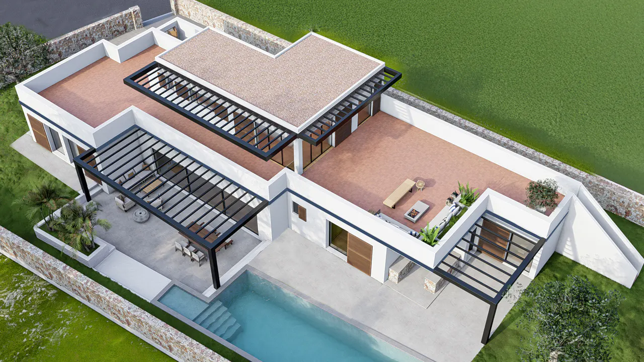 Aerial view of a modern white house with a pool, patio, and pergola. Green lawn and stone walls surround the property.