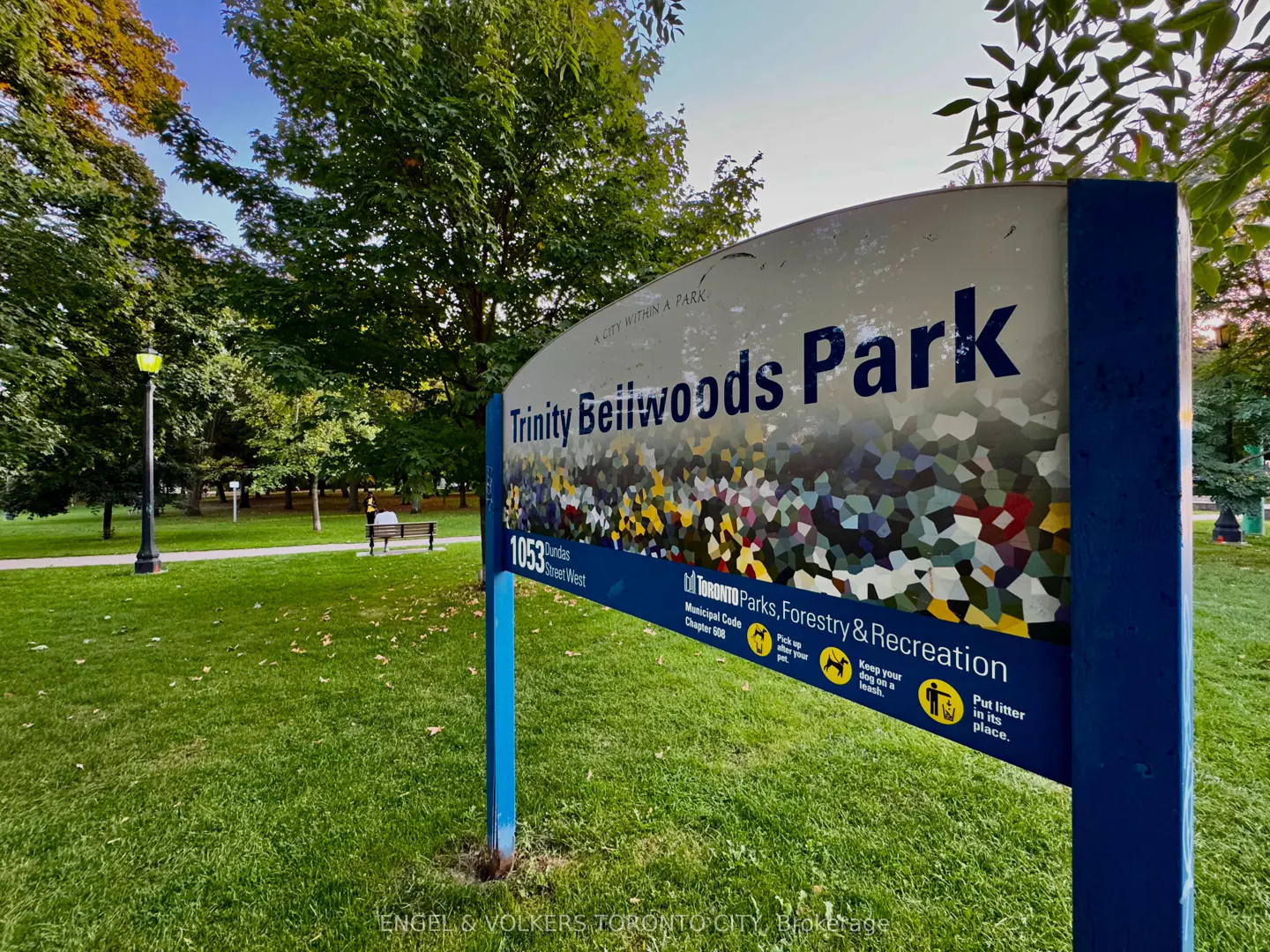 Trinity Bellwoods Park sign with blue frame, green grass, and trees in the background. A person sits on a bench in the distance.