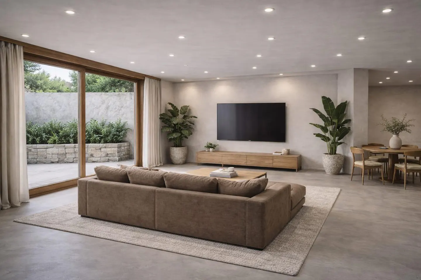 A modern living room with a brown sectional sofa, a large TV, and a dining table. Large windows overlook a green garden.
