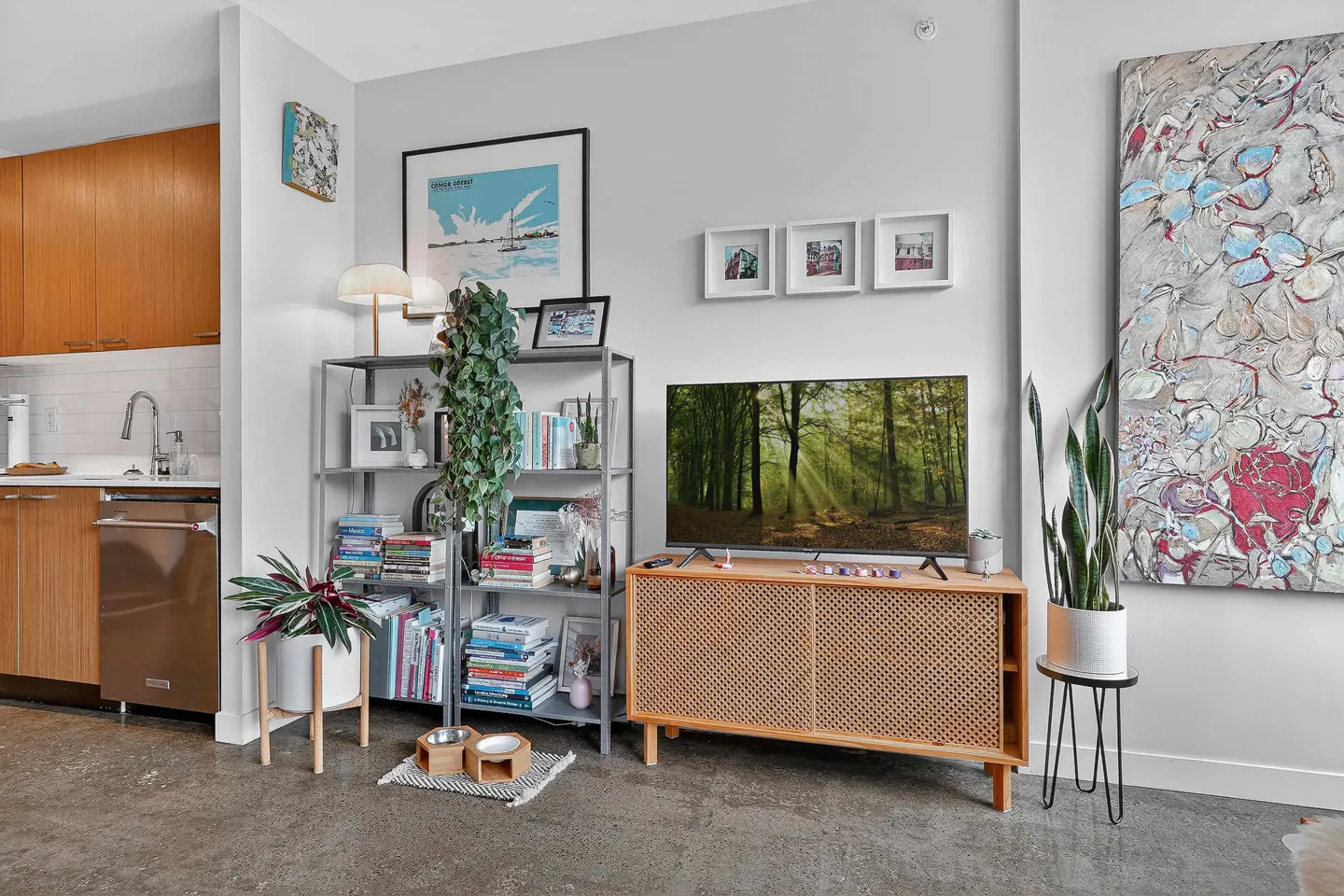 Living room with gray walls, wood cabinets, metal shelving, and a TV displaying a forest scene. Artwork and plants add color.