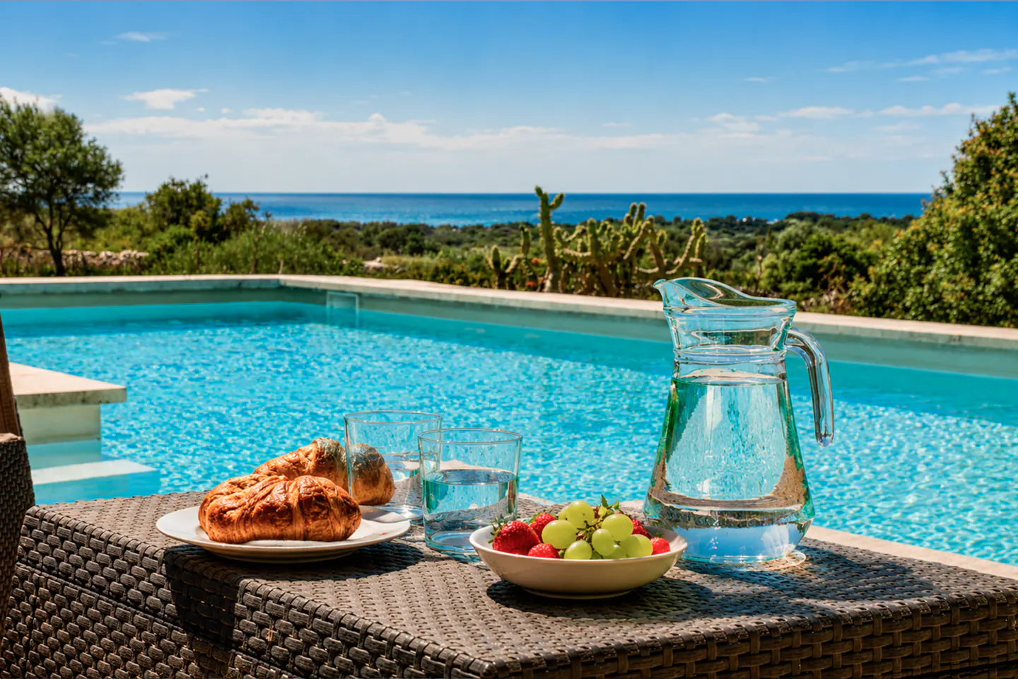 Outdoor breakfast by a pool. Croissants, fruit, and water on a brown wicker table. Blue pool water and ocean views in the background.