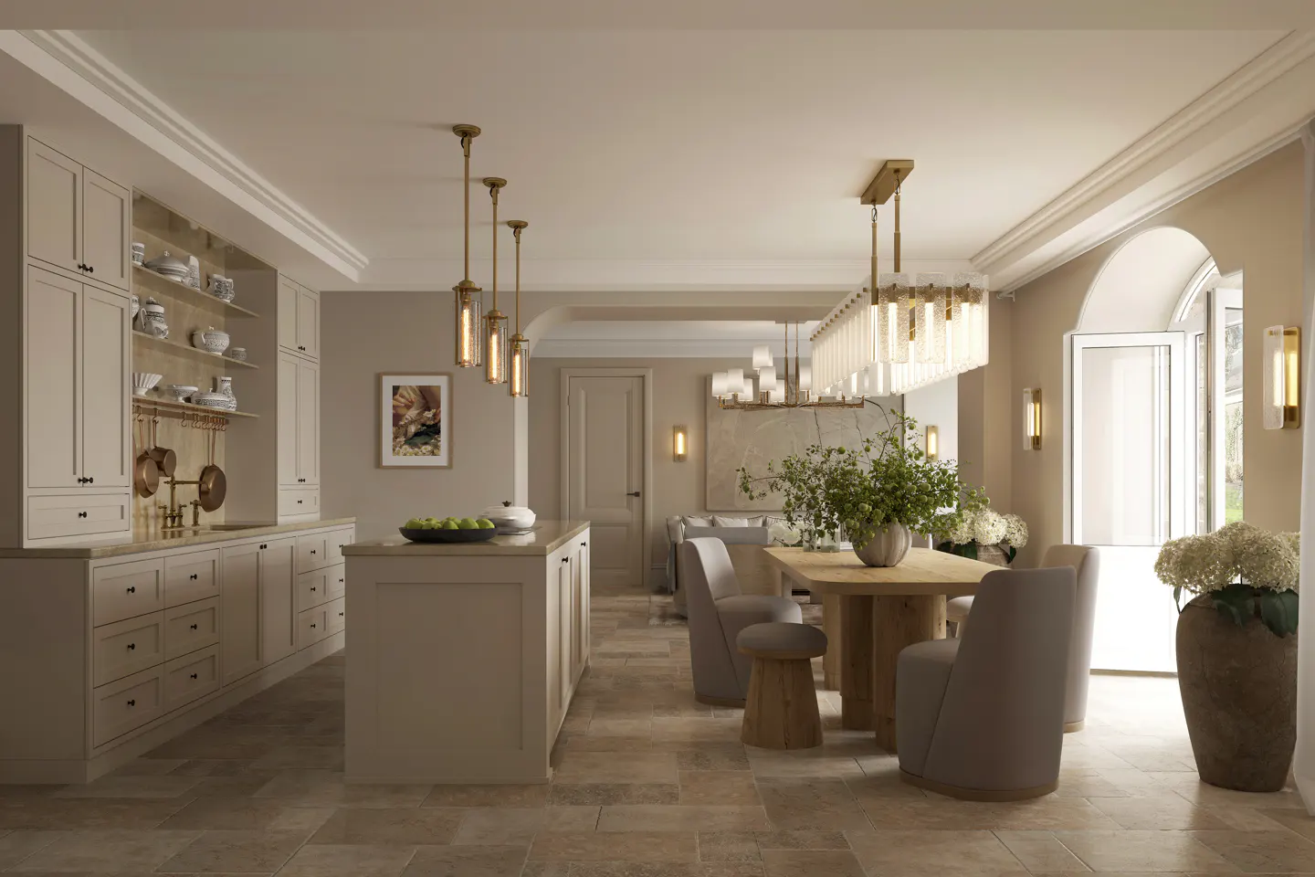 Elegant open-plan kitchen and dining area with beige cabinetry, stone floors, modern gold lighting, and a wooden table.