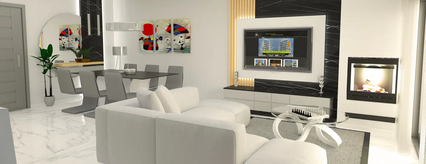 A modern living room with white sofa, dining table, TV, fireplace, and abstract art.