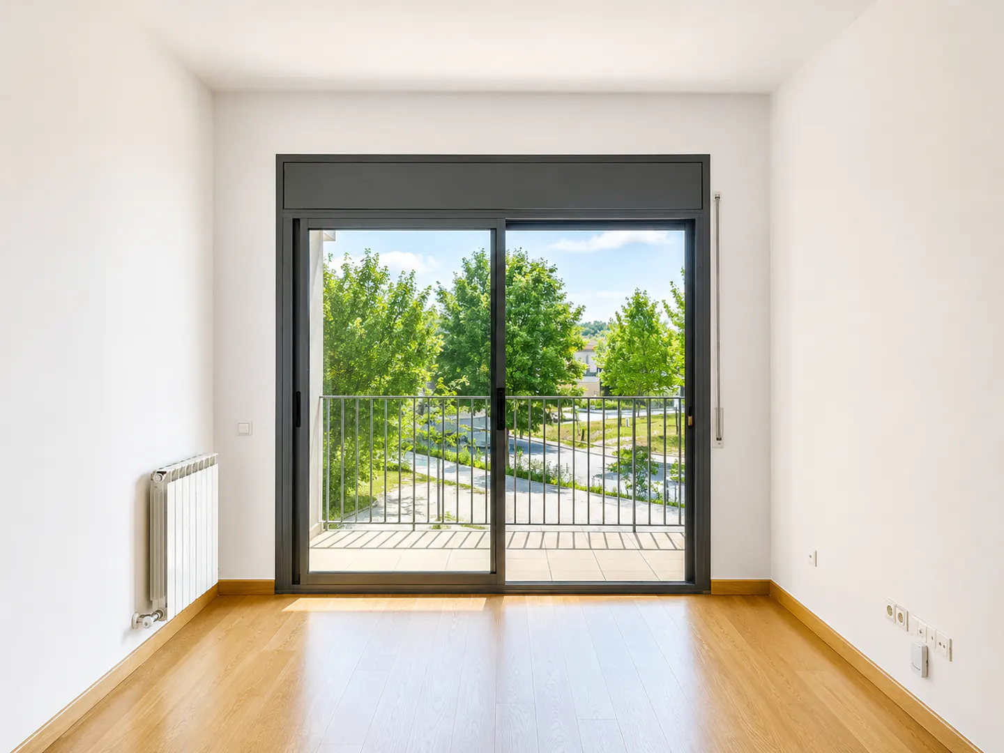 Empty room with light wood floors, white walls, a white radiator, and a large sliding glass door opening to a balcony.