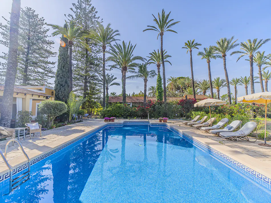 A bright blue swimming pool is surrounded by palm trees and lounge chairs under yellow umbrellas.
