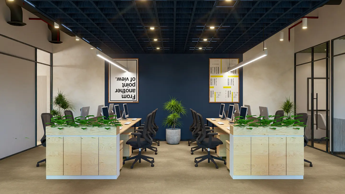 Office space with desks, computers, and black chairs. A plant sits in the center. Posters hang on the blue wall.