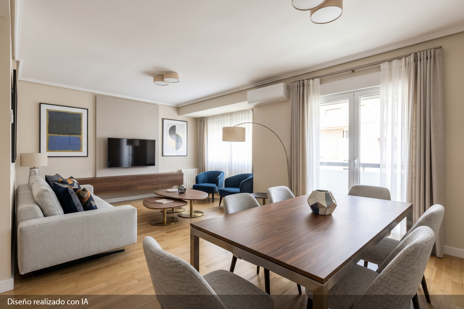 Modern living and dining room with a light gray sofa, wooden dining table, blue armchairs, and neutral decor. [AI-generated text]