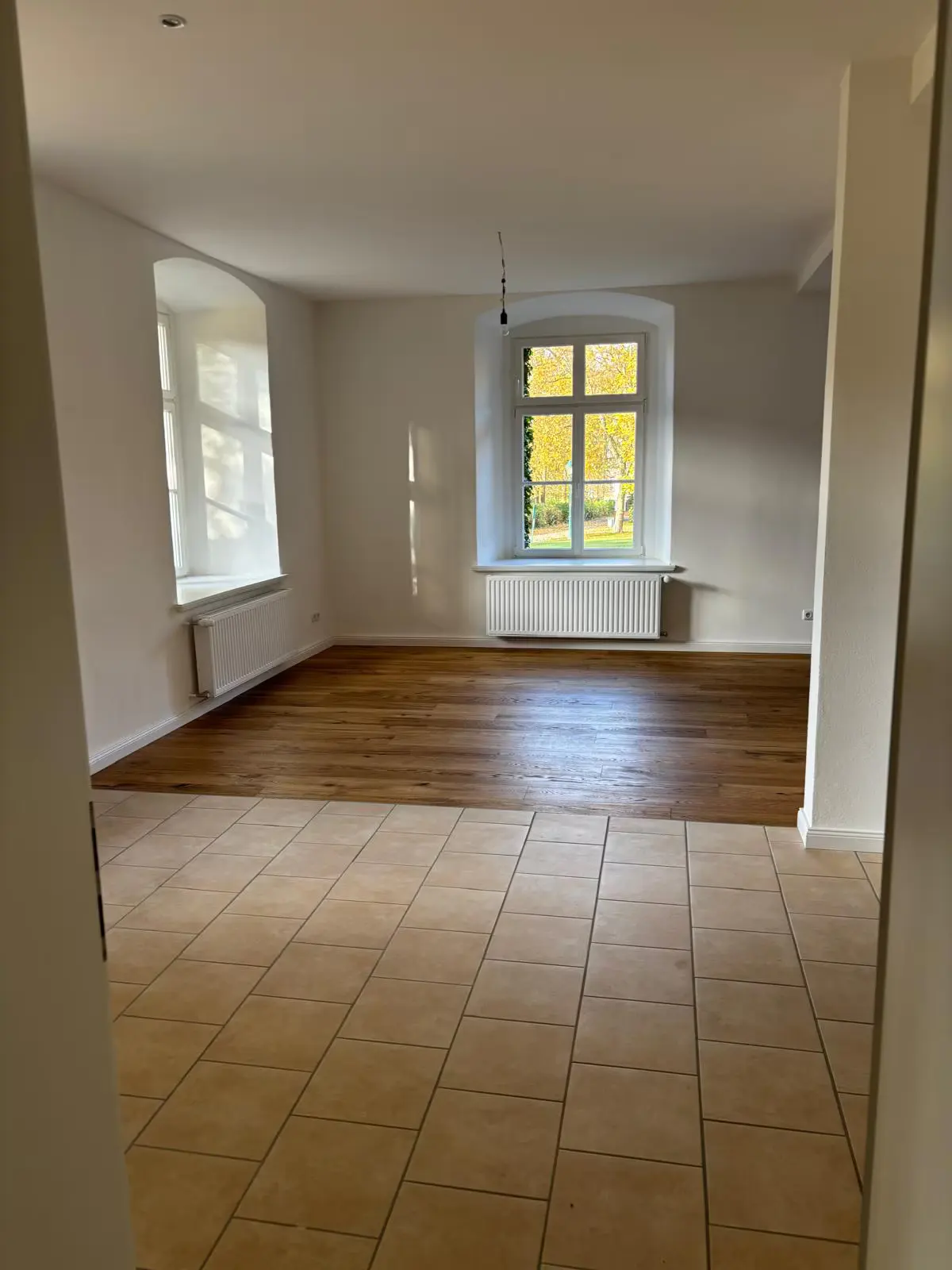 An empty room with white walls, wood floors, and tile floors. Two windows with white frames and radiators below them.