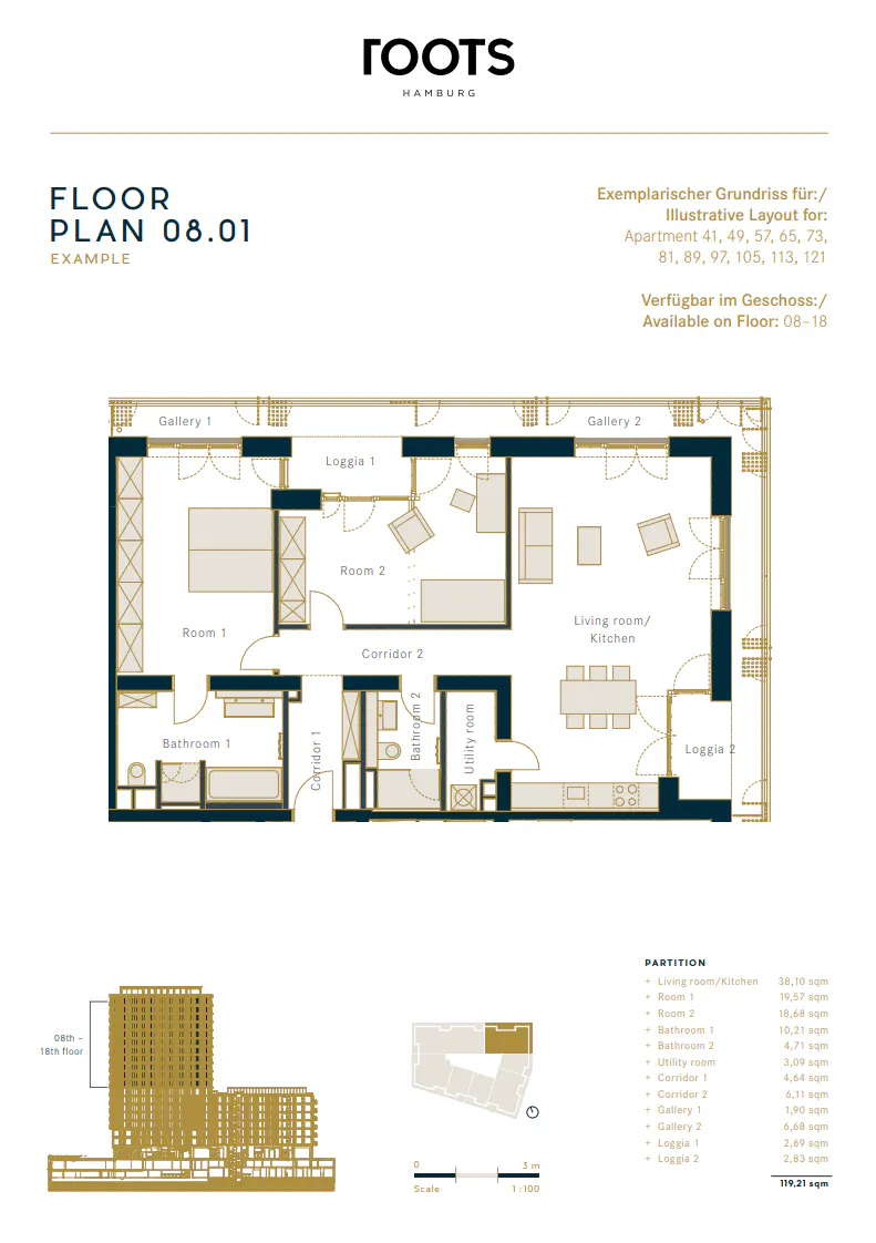 Floor plan of apartment 41-121, floors 8-18, showing layout of rooms including kitchen, bathroom, and gallery.