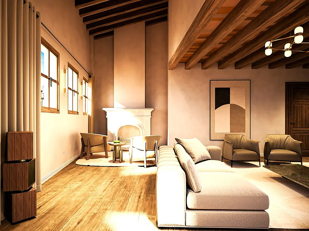 Living room with beige sofa, chairs, and fireplace. Wooden beams on ceiling, art on wall, and light wood floors.