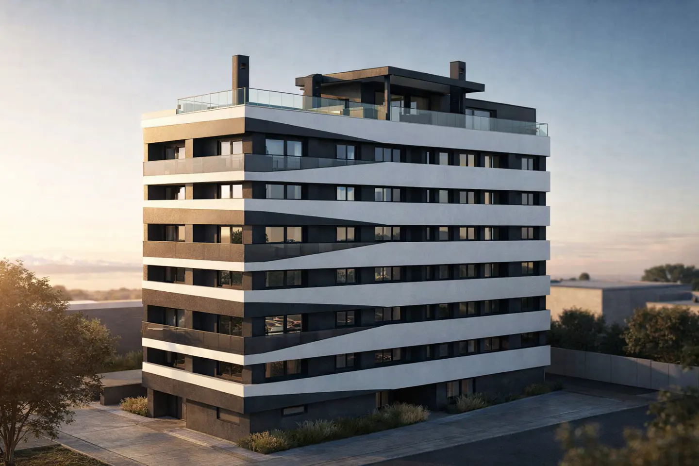 Modern, multi-story apartment building with black and white horizontal stripes. Trees and a paved driveway are in the foreground.