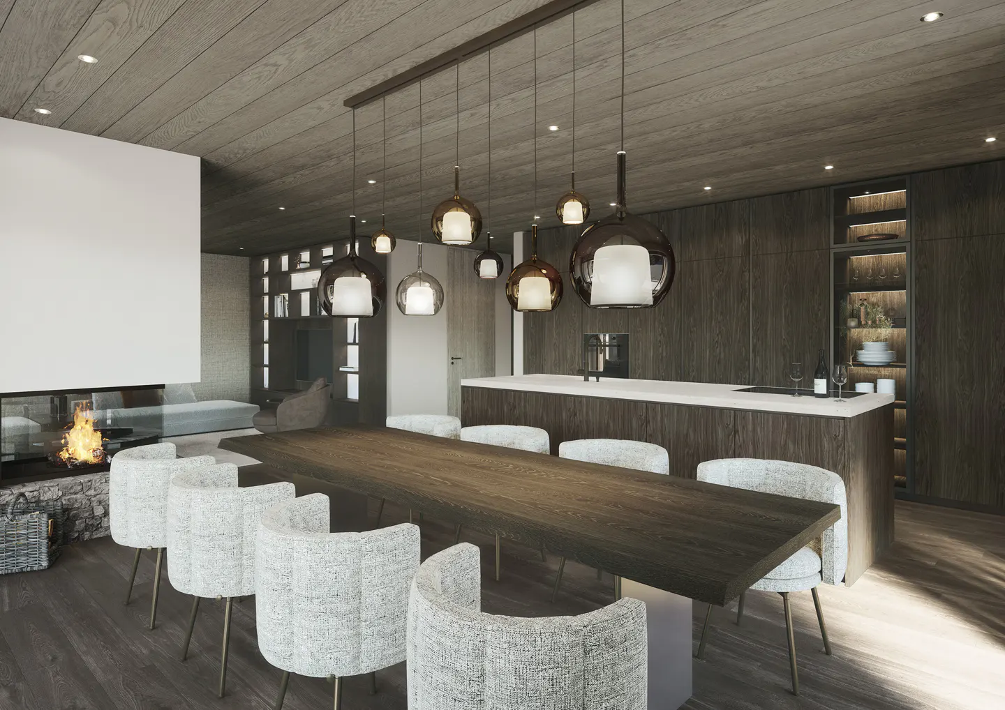 A modern dining room with a long wooden table, white chairs, and pendant lights. A fireplace and kitchen are in the background.