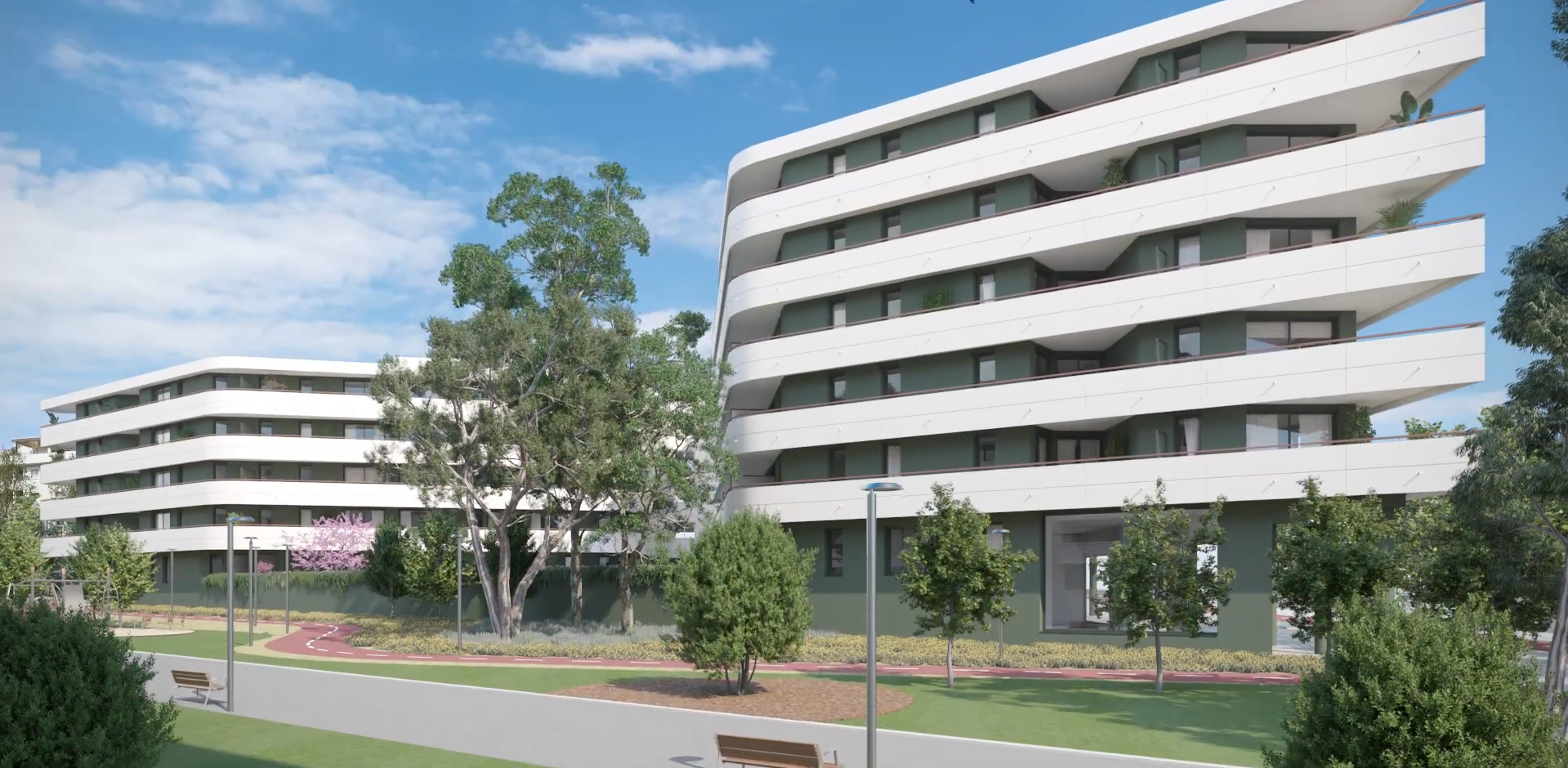 Modern white and green apartment buildings with curved balconies set in a landscaped park with trees and walking paths. [AI-generated text]