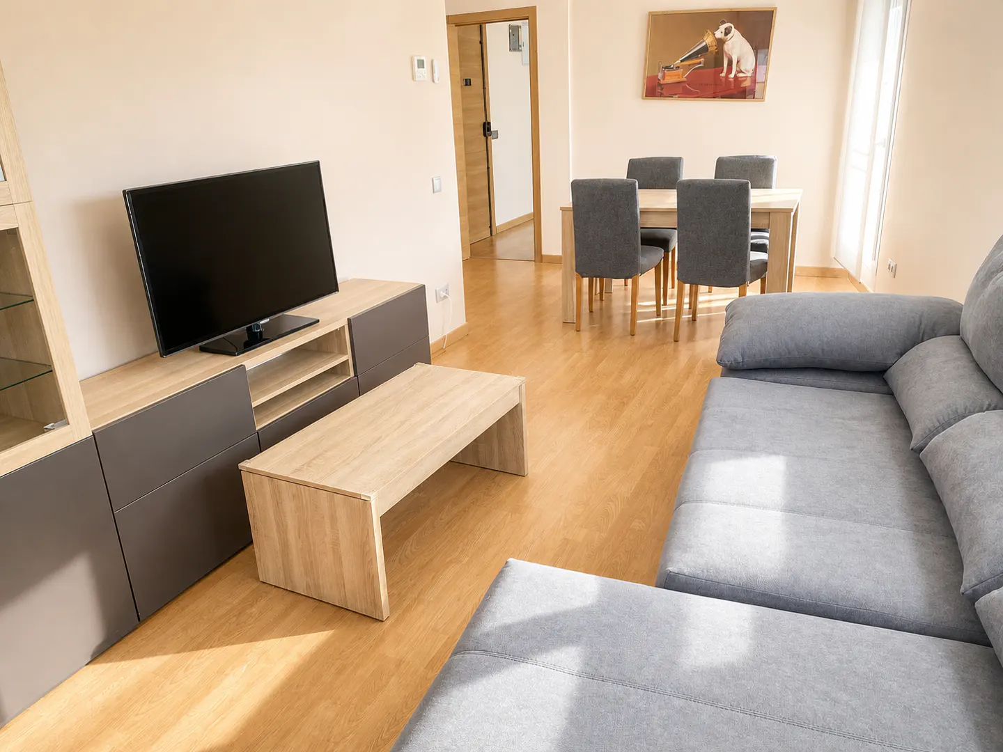 Living room with a gray sofa, wood floors, a TV on a cabinet, and a dining table with gray chairs.