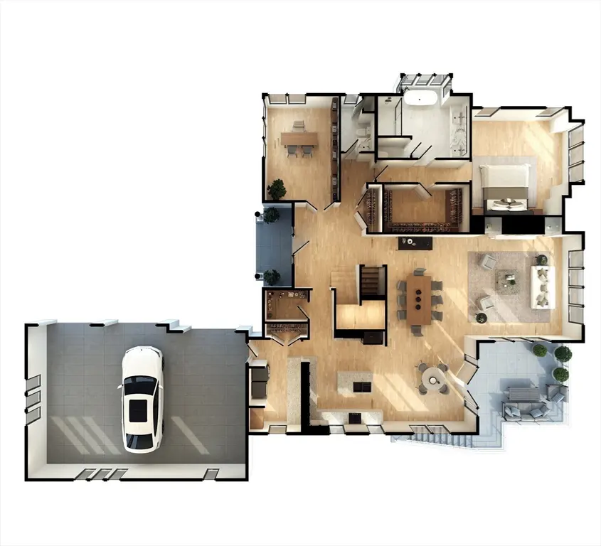 Floor plan of a house with a garage. The garage has a white car inside. The house has a kitchen, dining room, living room, and bedrooms. The floors are light wood.
