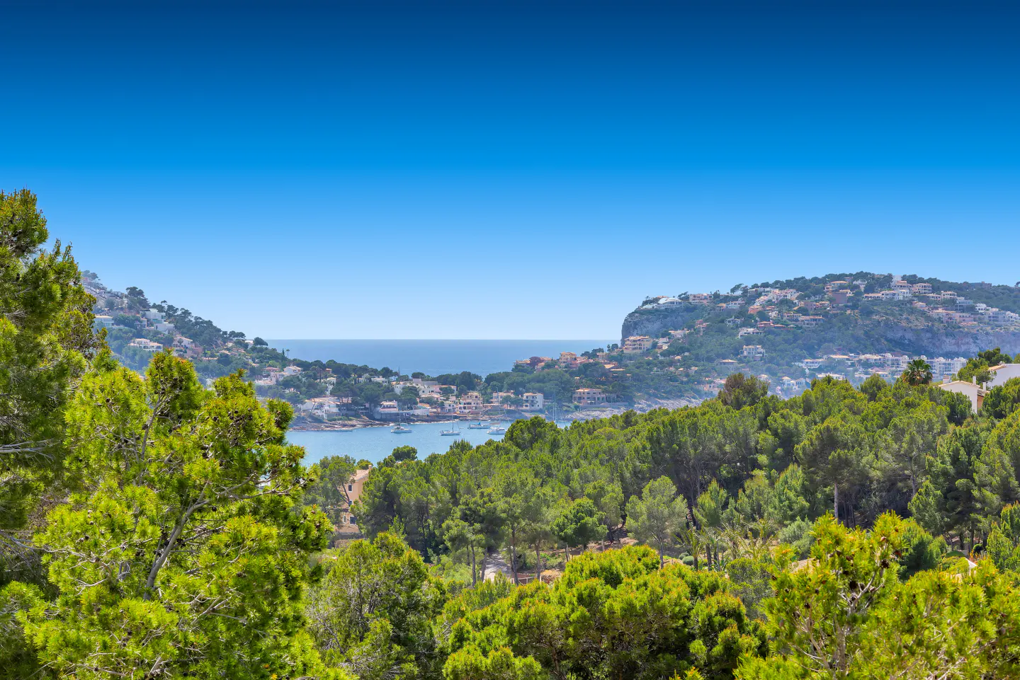 Scenic view of a bay with boats, surrounded by green hills with houses, under a clear blue sky.