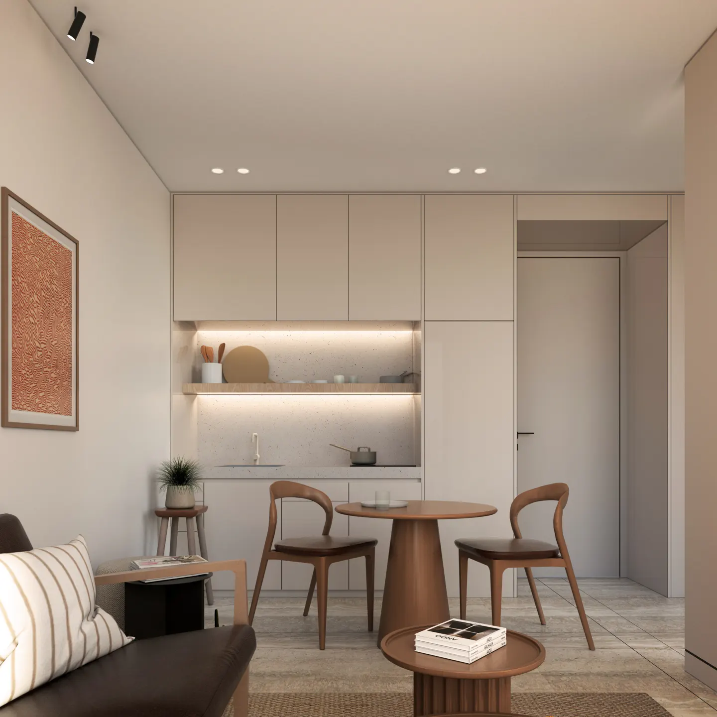 A modern apartment interior with a beige kitchen, wooden table and chairs, and a brown leather sofa. An abstract art piece hangs on the wall.