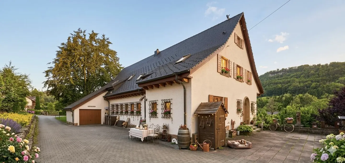 Exterior of a cream-colored house with a steep, dark roof and brown shutters, surrounded by lush greenery and a paved driveway.
