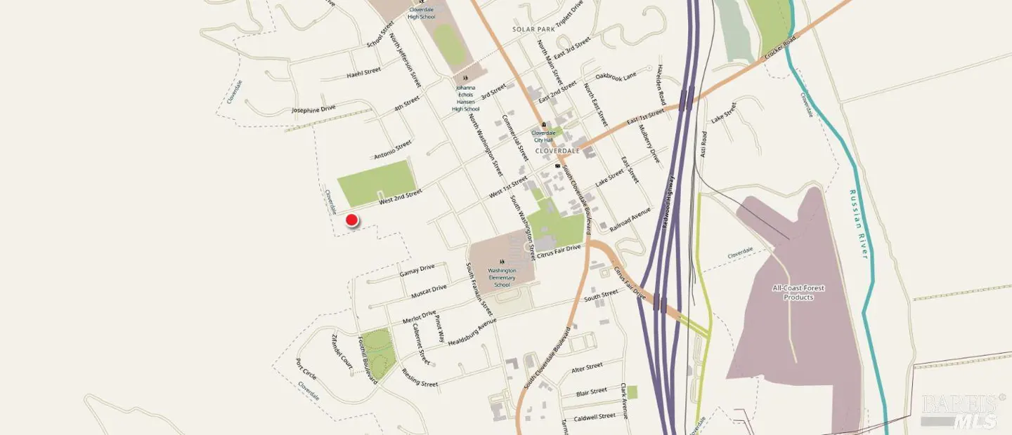 Map of Cloverdale, California, with streets, parks, and a red pin marking a location on West 2nd Street.