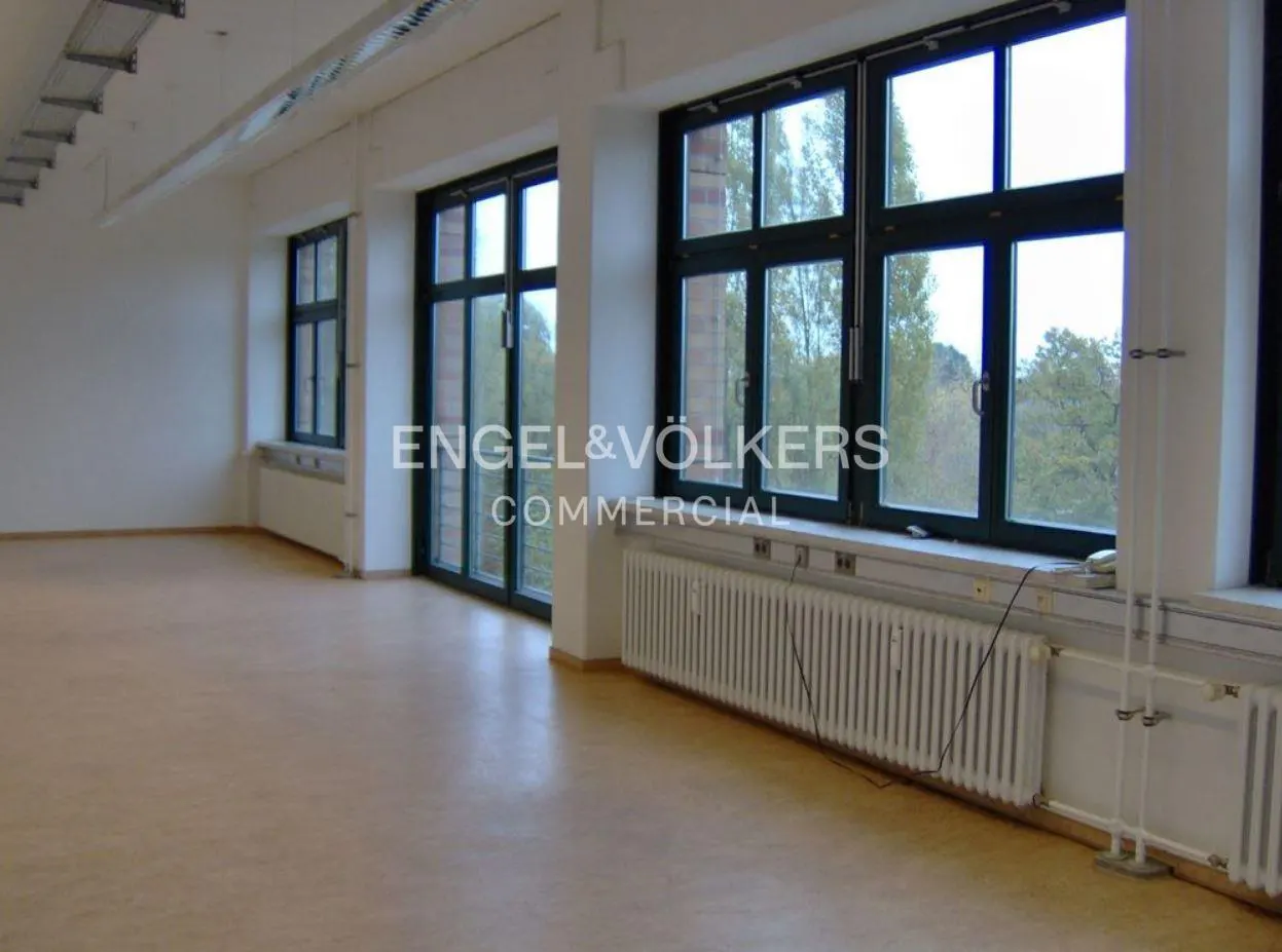 Empty commercial space with light brown floors, white walls, and large black-framed windows overlooking trees. Radiators are under the windows.