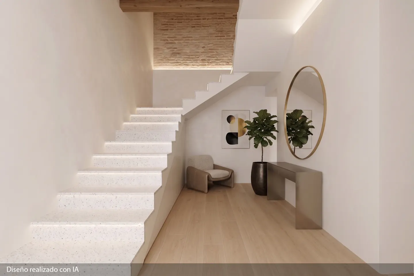 Modern entryway with terrazzo stairs, a beige armchair, a potted plant, a console table, and a round gold-framed mirror.