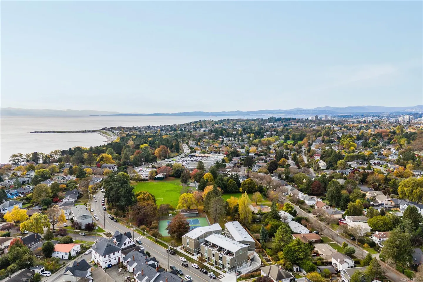 Aerial view of a neighborhood with houses, trees, a green field, and the ocean in the background under a clear sky.