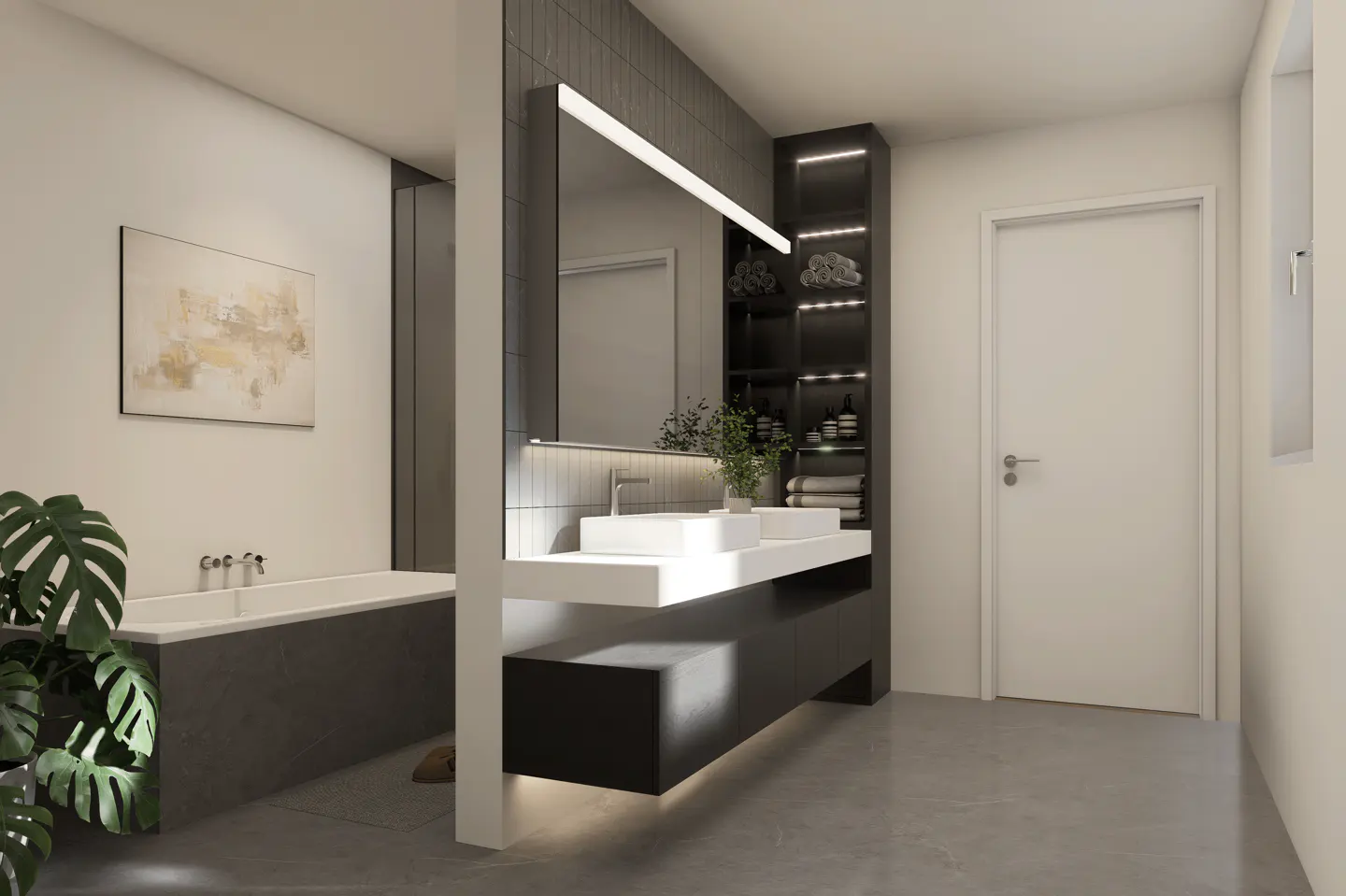 Modern bathroom with a gray bathtub, white double sink vanity, and a black storage cabinet with towels and toiletries. An abstract painting hangs on the wall.
