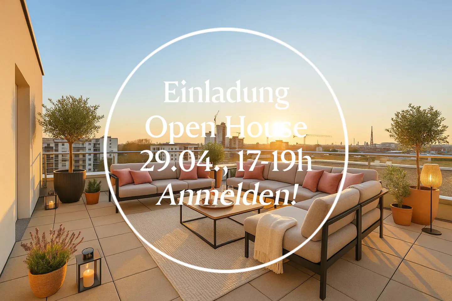 Open house invitation featuring a rooftop patio with beige furniture, pink pillows, potted plants, and a sunset background.