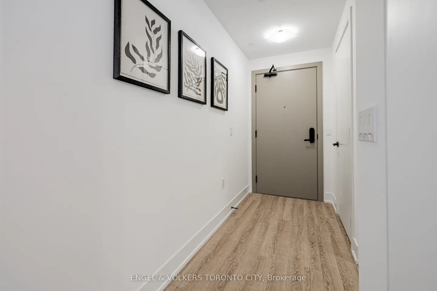 Hallway with light wood floors, white walls, and three framed art prints. A gray door is at the end of the hall.