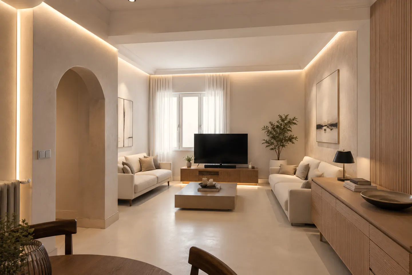 Modern living room with cream sofas, a low coffee table, TV console, and warm recessed lighting in a neutral color palette.