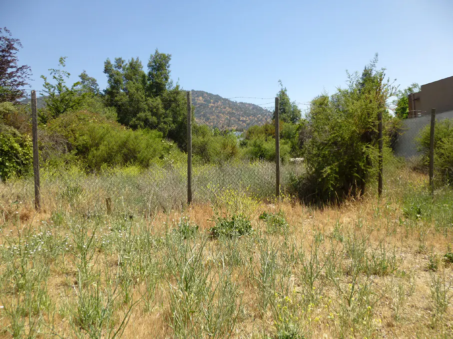 Vacant lot with a chain-link fence, wooden posts, and overgrown vegetation. A hill is visible in the background under a clear blue sky.