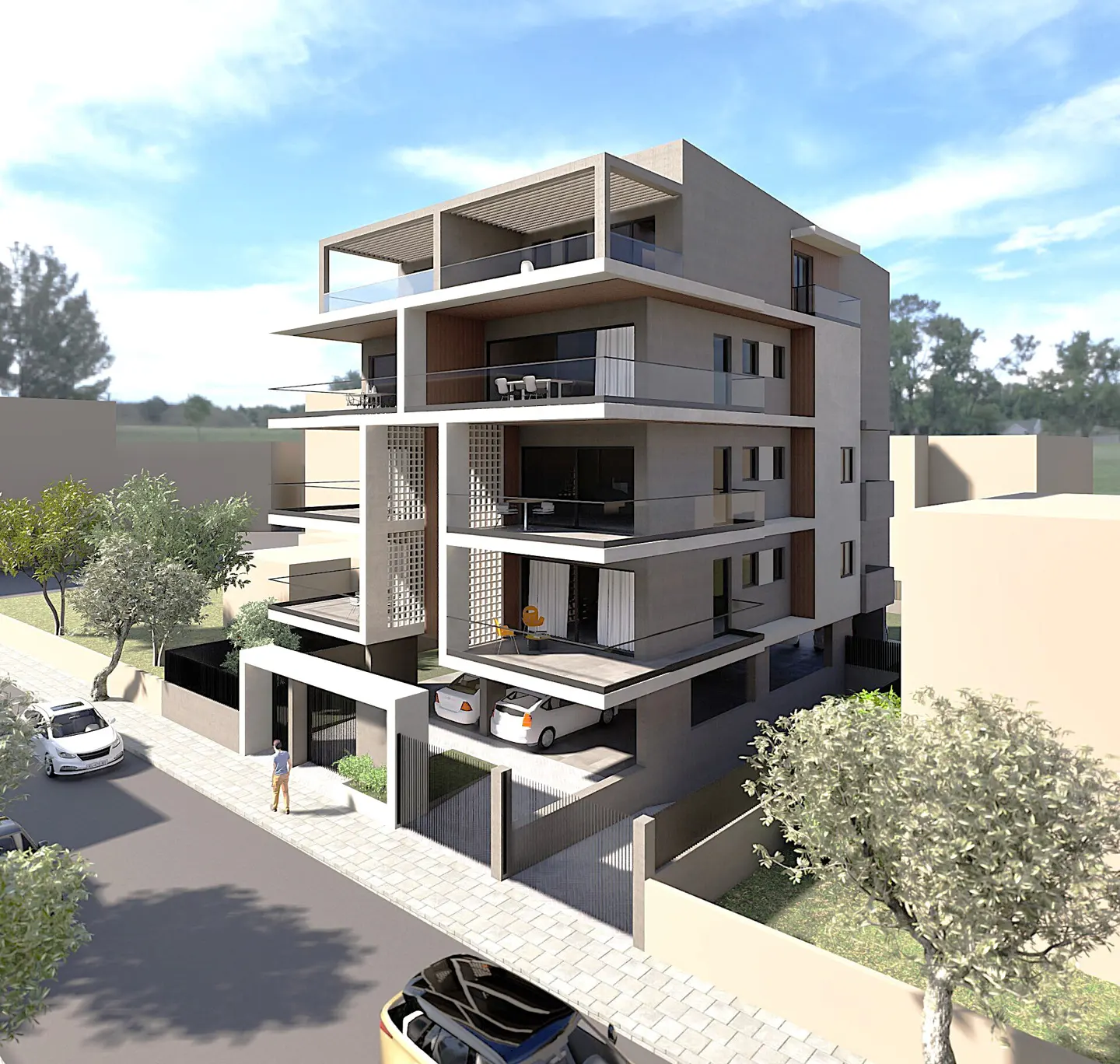 Modern four-story apartment building with balconies and covered parking. A man walks toward the entrance on a sunny day.