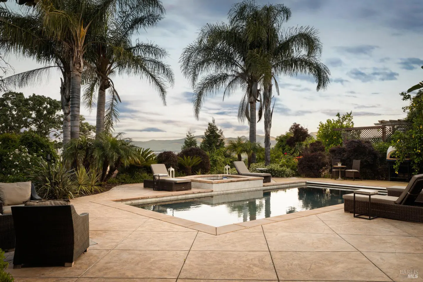 Outdoor pool area with palm trees, lounge chairs, and a view of distant mountains under a cloudy sky.