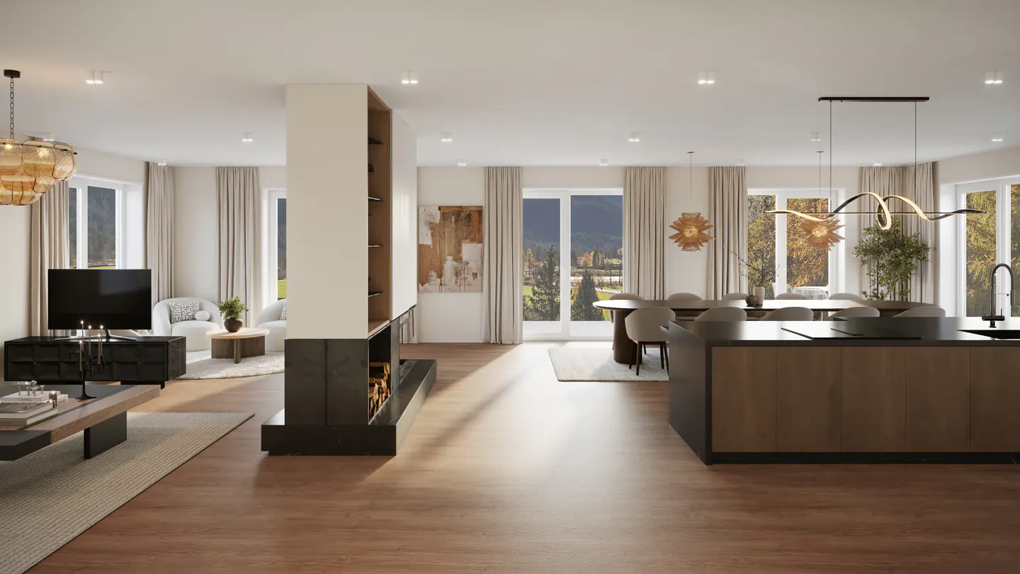 Open-concept living space with wood floors, a fireplace, and a kitchen island. Large windows offer views of mountains.