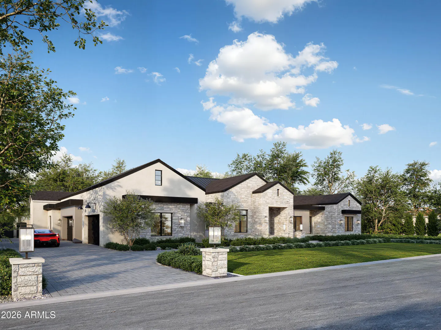 A modern, single-story home with a stone facade, black roof, and manicured lawn under a blue sky with scattered clouds.