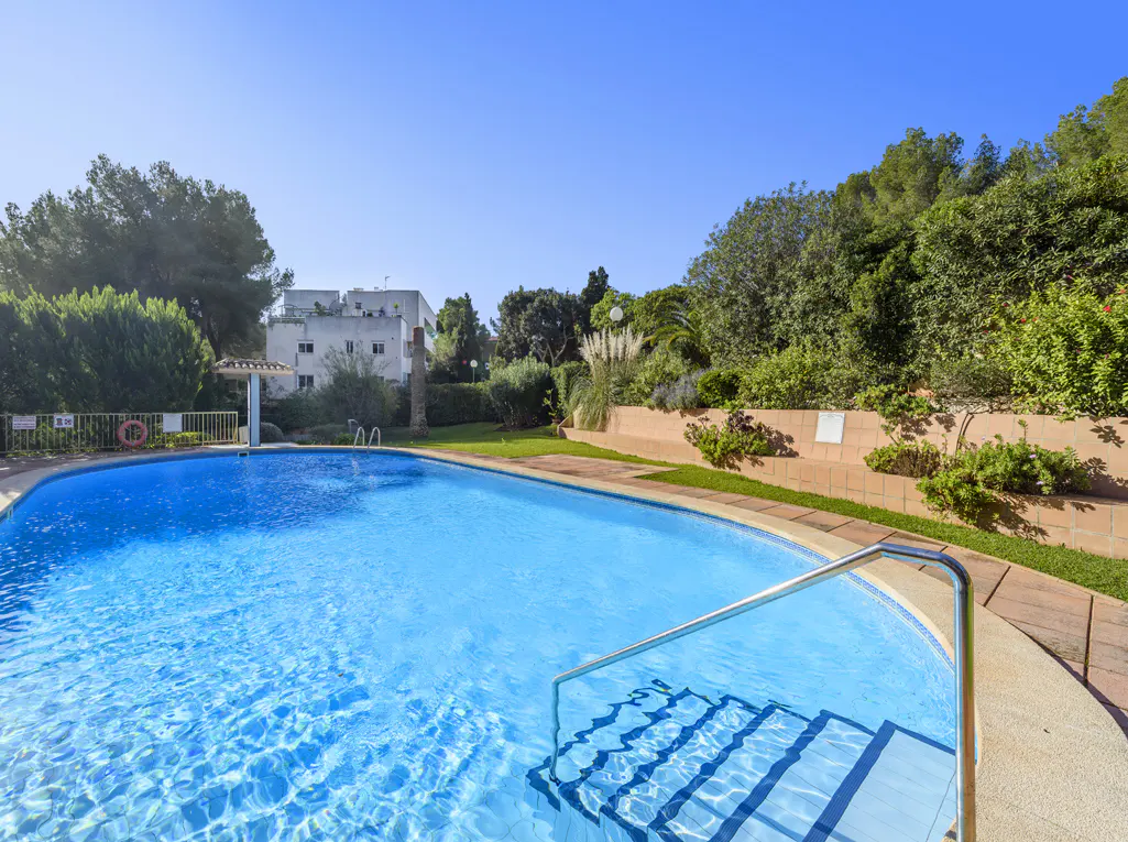 A bright blue swimming pool with steps and a metal handrail, surrounded by lush green trees and a white building.