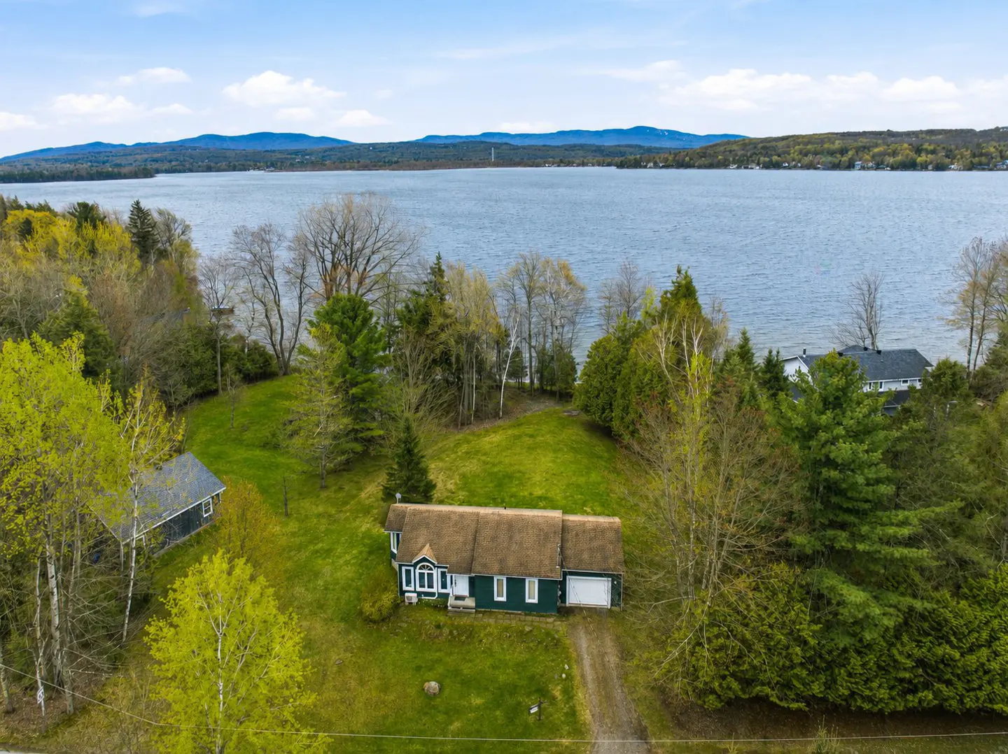 Aerial view of a dark green house with a brown roof, green lawn, and lake in the background.