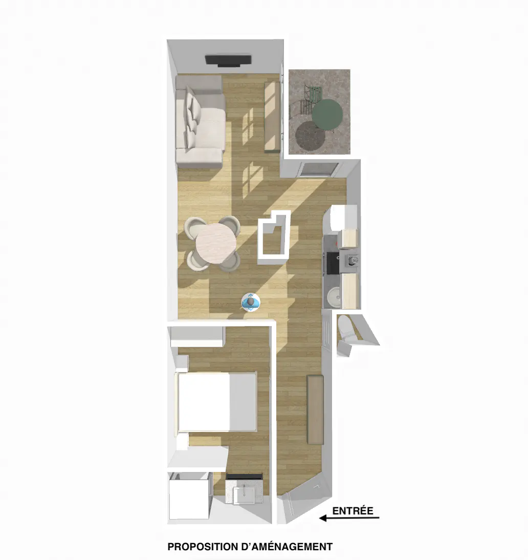 Floor plan of a small apartment with a living room, dining area, kitchen, bathroom, bedroom, and balcony. The floors are light wood.