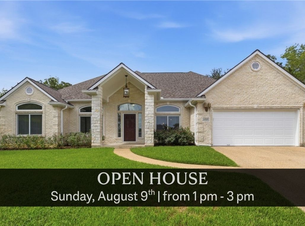 Single-story brick home with a two-car garage and open house text overlay for Sunday, August 9th, from 1 pm to 3 pm.