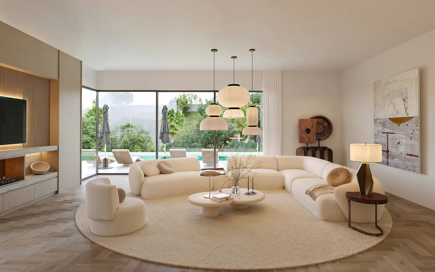 Bright, modern living room with a white sectional sofa, round rug, and floor-to-ceiling windows overlooking a pool and greenery.