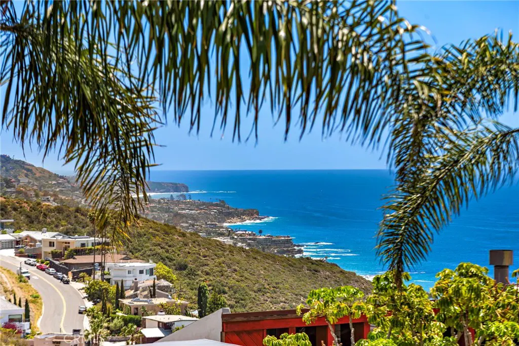 Ocean view framed by palm trees. Houses line a winding road on a green hillside leading to the blue ocean and sky.